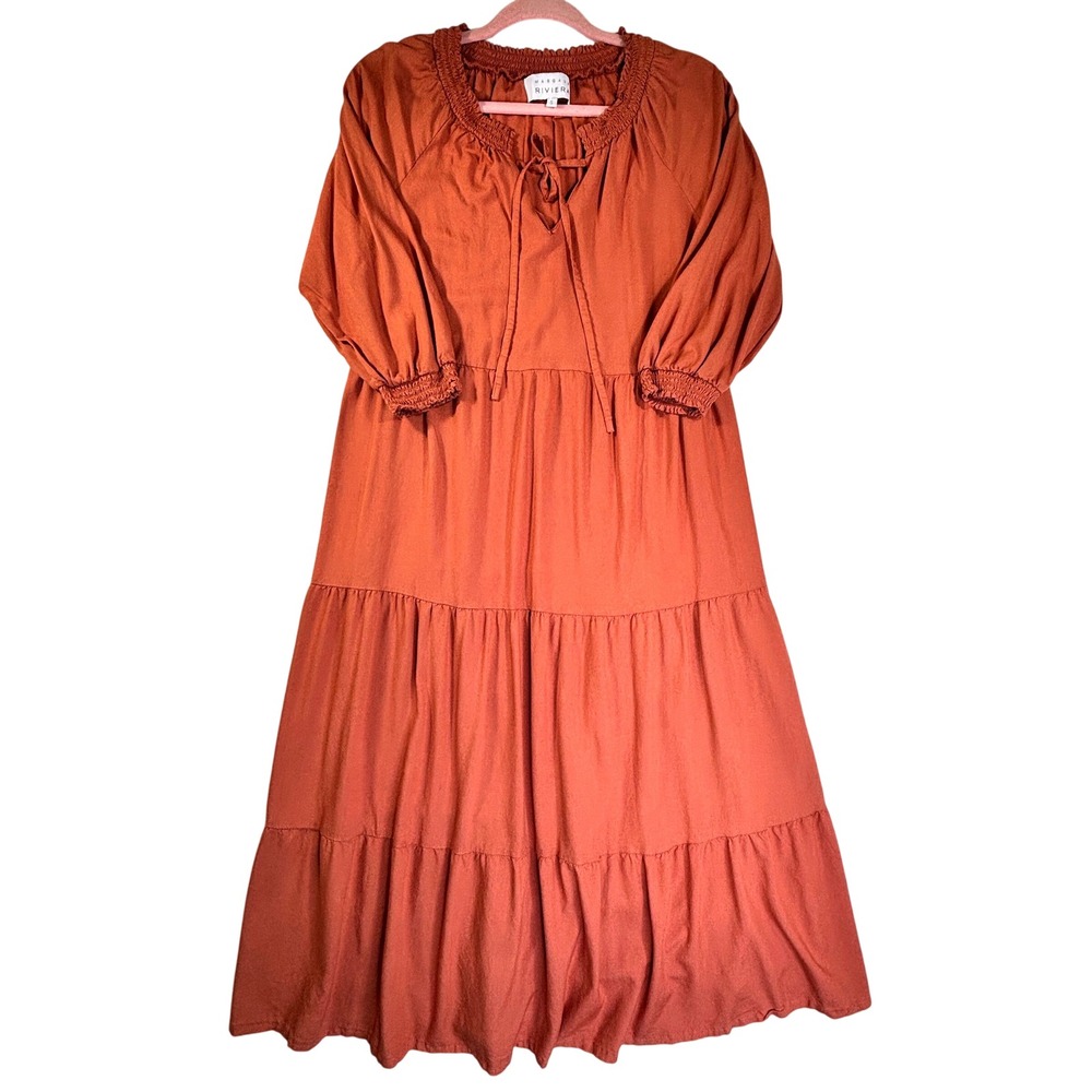 Margaux Riviera Rust Orange Tiered Smocked Midi Dress Boho Long Sleeve Small